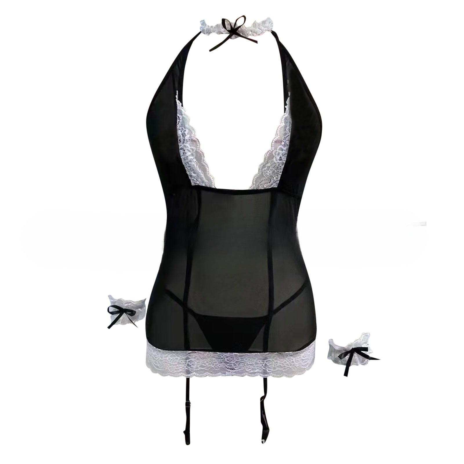Image of Hot lace sexy black and white see-through cut-out seduction mesh strap pure desire slip dress pajama underwear set